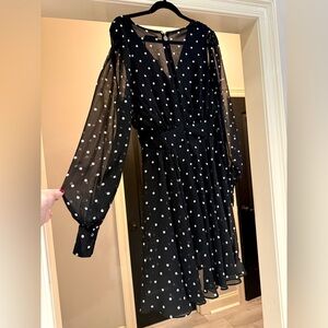 NWT Tommy Hilfiger Black/White Polka Dot Pleated Dress & Chiffon Sleeves Size 6